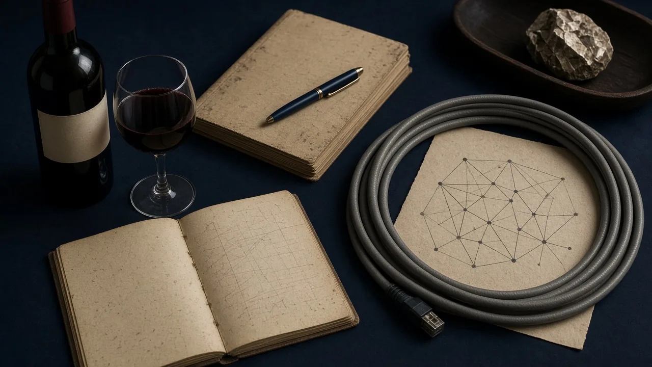 Composição editorial com cabo, caderno de notas técnicas e um mapa de nós ligados por linhas, nas cores vinho, azul-escuro e bege.