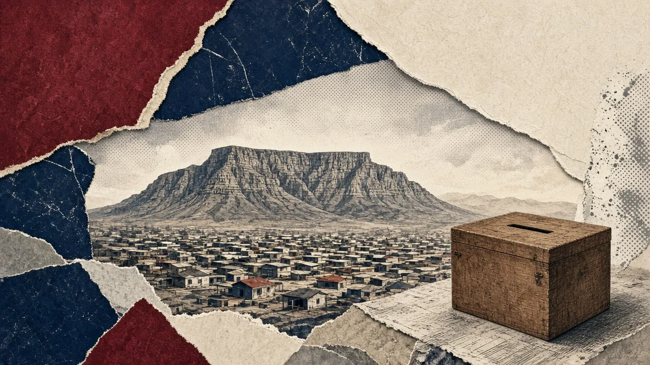 Composição editorial com montanha de topo plano ao amanhecer, telhados baixos de um município segregado dispostos em formas geométricas e uma urna de madeira lacrada sobre documentos oficiais.