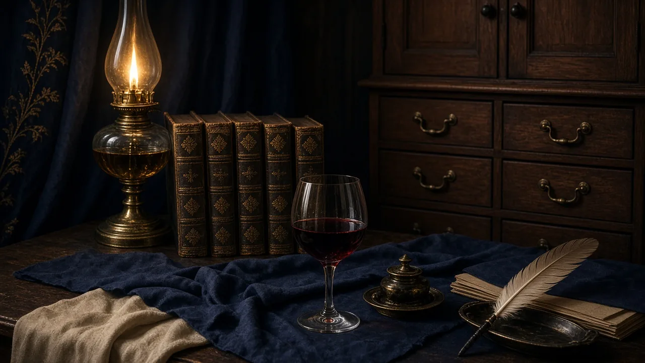 Composição editorial com volumes encadernados empilhados, um globo terrestre de mesa, lamparina acesa e a fachada de uma academia setecentista ao fundo, nas cores vinho, azul-escuro e bege.