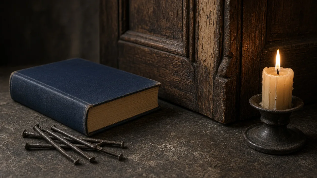 Composição editorial com bíblia aberta, tipos móveis de metal espalhados sobre a mesa, um selo de lacre sobre pergaminho e silhuetas de torres de igreja ao fundo, nas cores vinho, azul-escuro e bege.