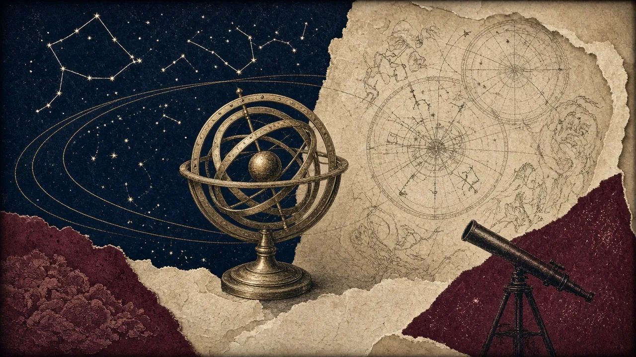 Composição editorial com esfera armilar de latão, órbitas elípticas traçadas em linhas douradas, carta celeste gravada em pergaminho e uma pequena luneta sobre tripé.