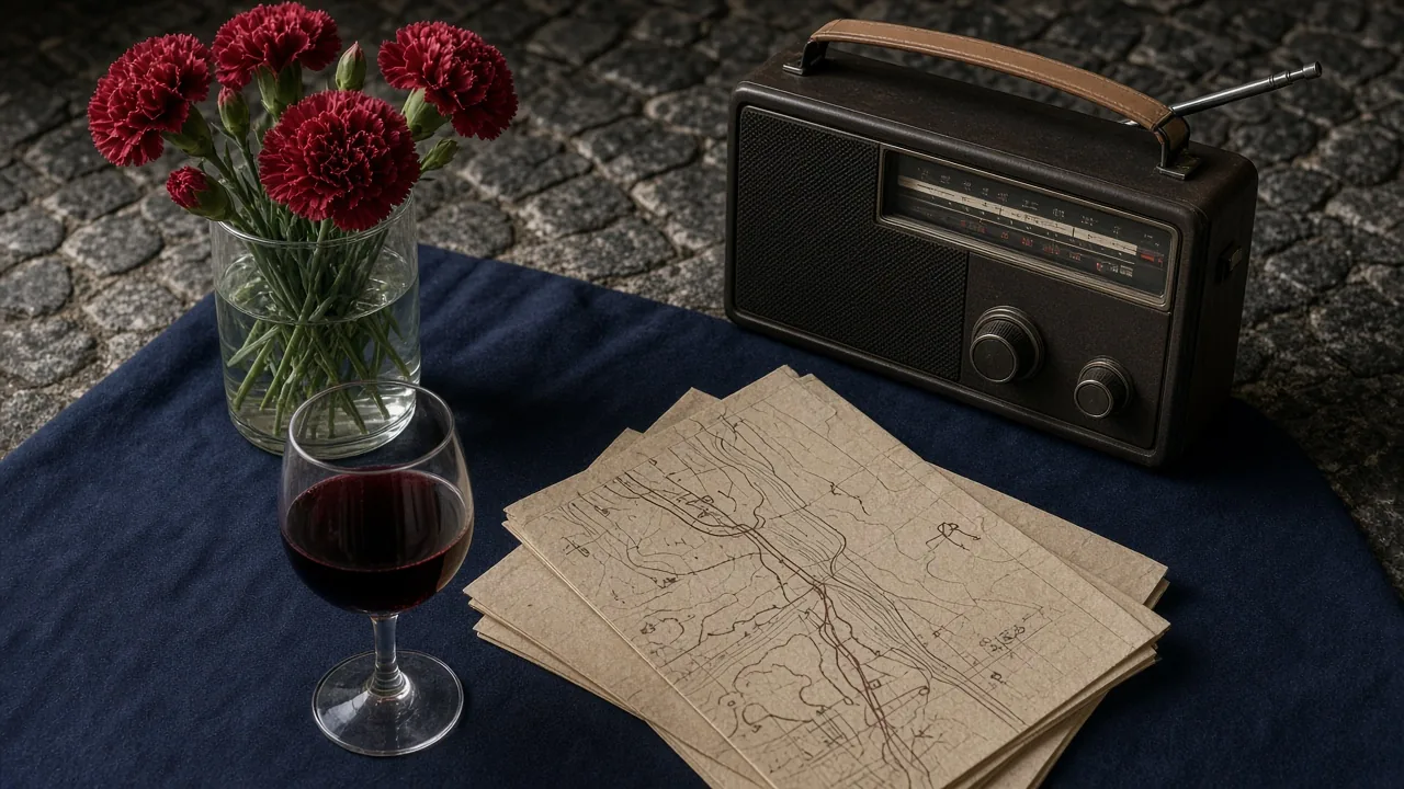 Composição editorial sóbria com cravos vermelhos sobre um rádio de mesa e a fachada do quartel do Carmo ao fundo, nas cores vinho, azul-escuro e bege, sem pessoas feridas.