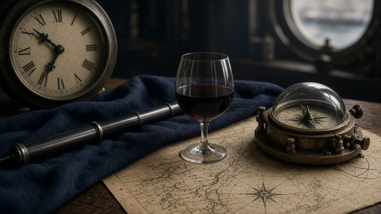 Composição editorial com relógio de estação, trilho de ferro e carta náutica, nas cores vinho, azul-escuro e bege.