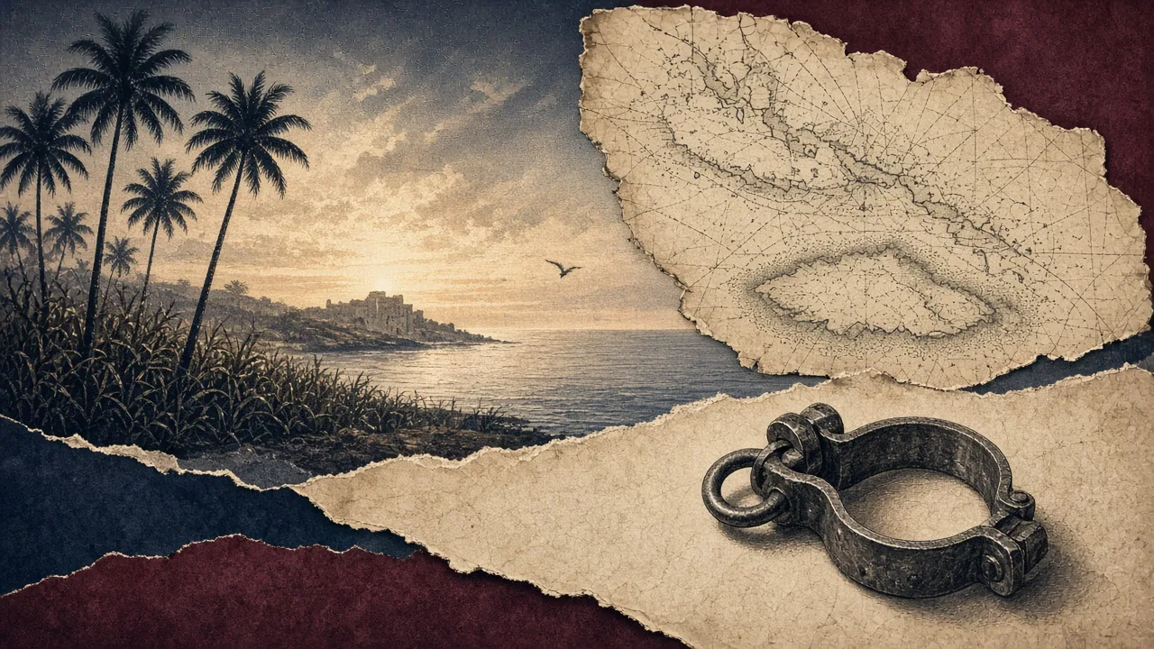 Composição editorial com litoral caribenho ao amanhecer, canaviais em silhueta, carta náutica antiga da ilha e uma argola de ferro aberta repousando sobre pergaminho.