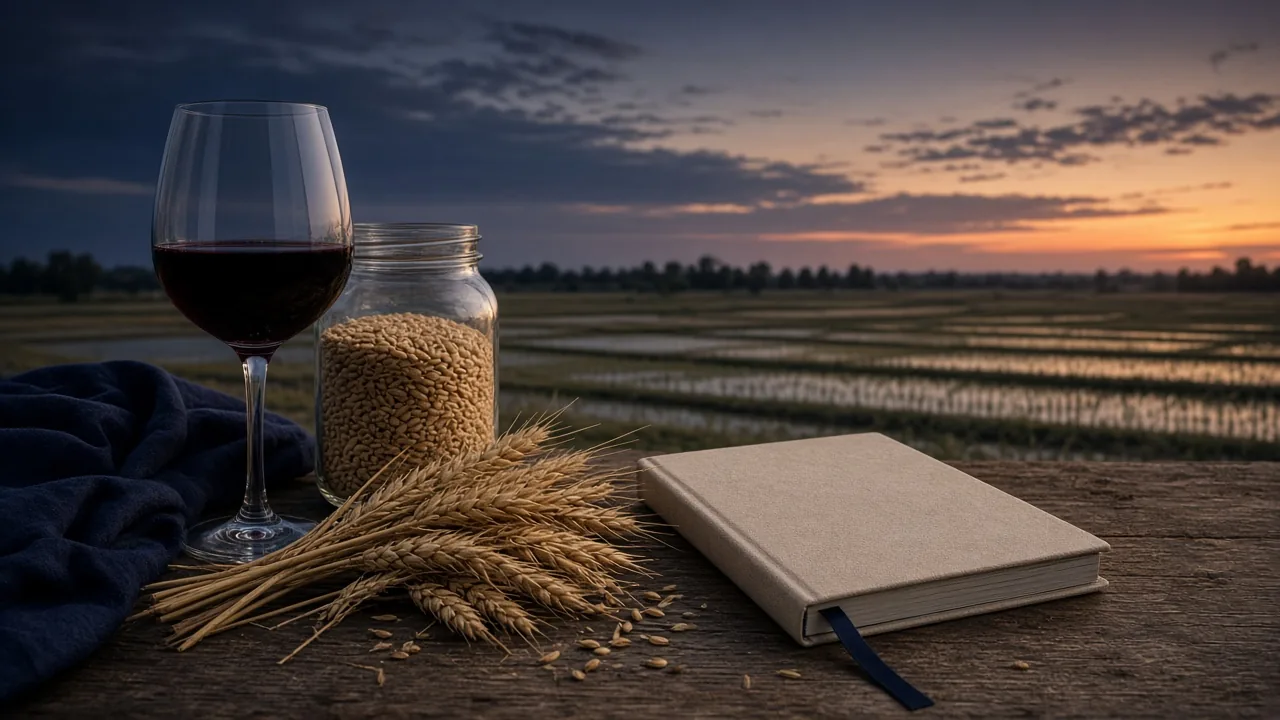 Composição editorial com espigas de trigo, saco de fertilizante, caderno de anotações de melhoramento e um canal de irrigação ao fundo, em tons de palha, verde-musgo e terra.
