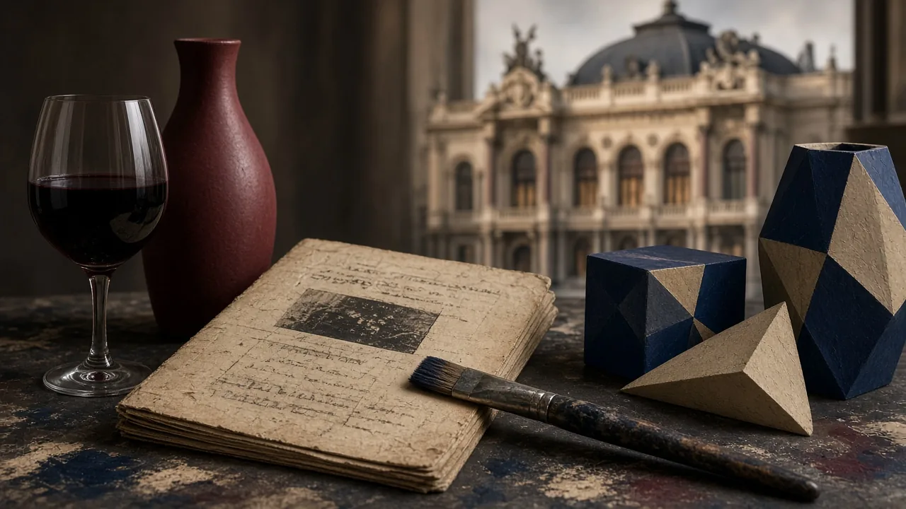 Composição editorial com programa de espetáculo dobrado, palco vazio ao fundo, pincel, partitura e um fragmento de mármore claro, nas cores vinho, azul-escuro e bege.